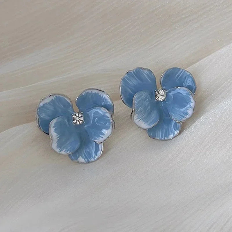 luckacco retro big flower stud earrings red blue enamel oil petal rhinestones earrings for women wedding party cute elegant jewelry gift