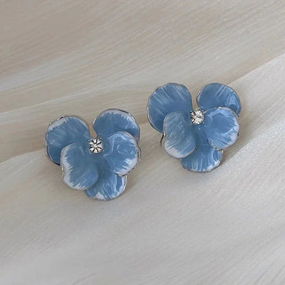 Luckacco Retro Big Flower Stud Earrings Red Blue Enamel Oil Petal Rhinestones Earrings for Women Wedding Party Cute Elegant Jewelry Gift