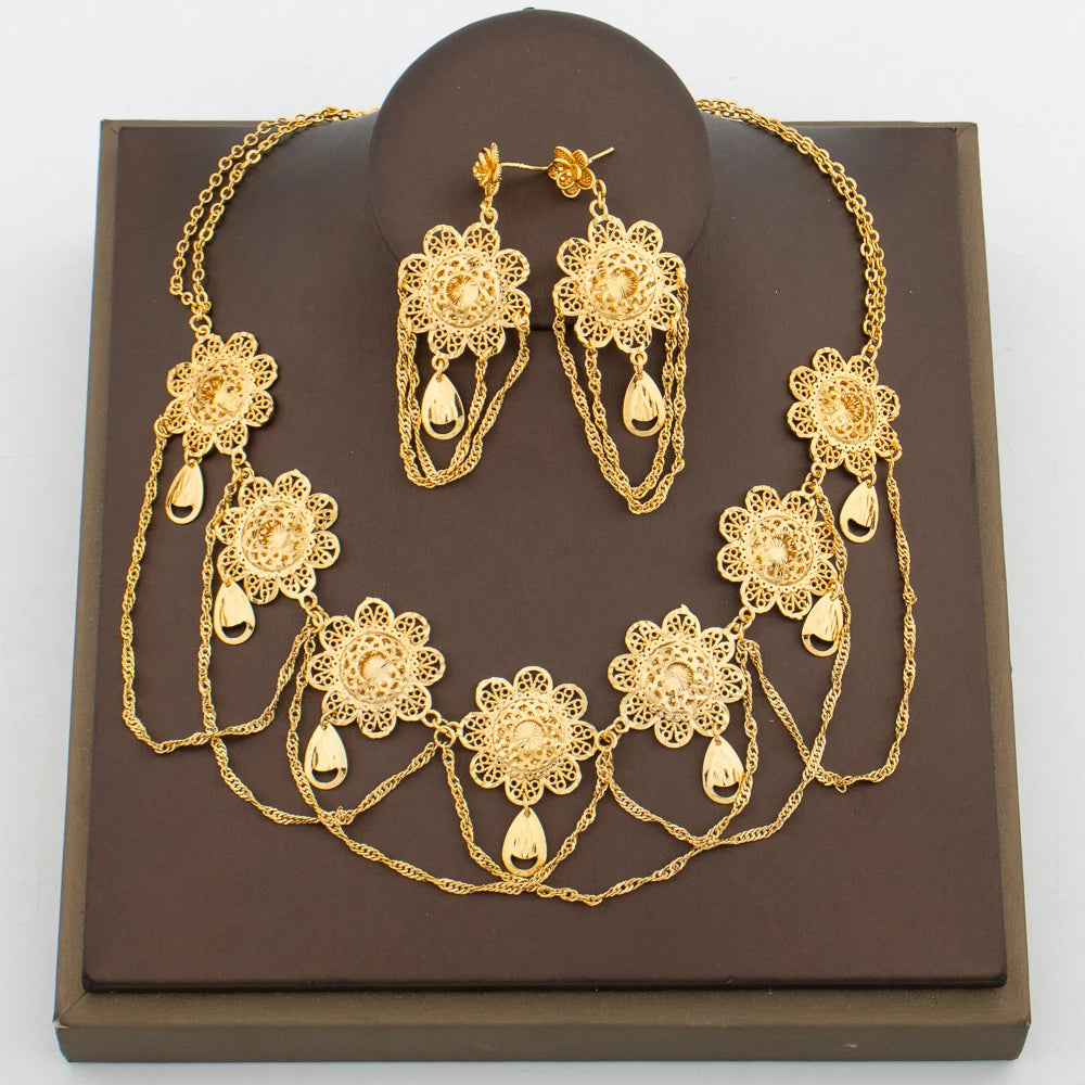 luckacco african 18k gold color jewelry set for women flower design necklace and earrings 2pcs set for weddings party jewelry dubai gift