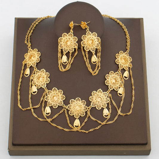 Luckacco African 18k Gold Color Jewelry Set for Women Flower Design Necklace and Earrings 2Pcs Set for Weddings Party Jewelry Dubai Gift