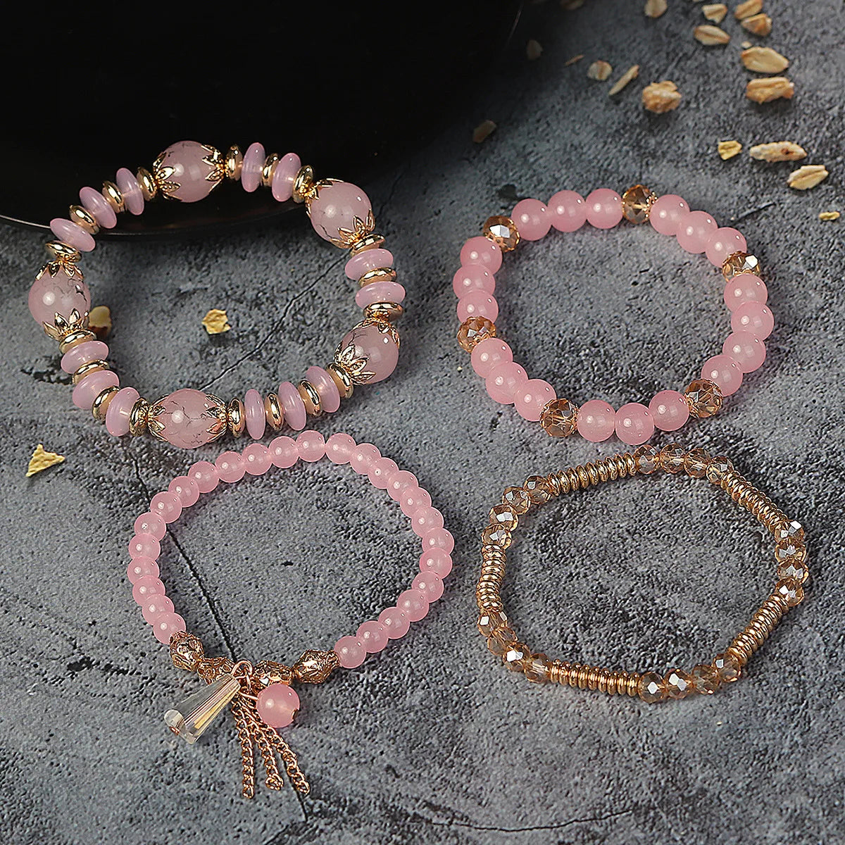 luckacco 4 pieces/set bohemian crystal tassel multi-layer elastic rope bracelet, handmade beaded bracelet, women's fashion accessories