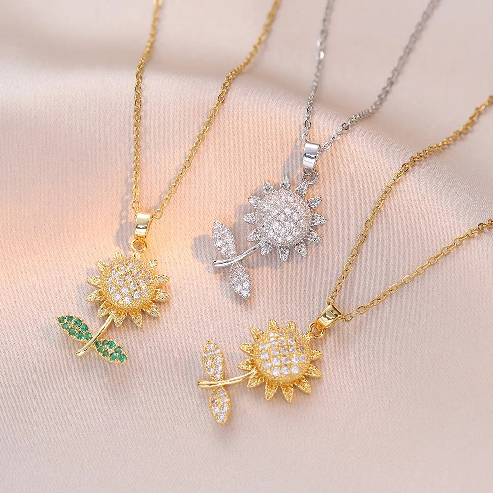 luckacco korea trendy crystal sunflower rotatable pendant necklace for women luxury silver color stainless steel zircon choker jewelry