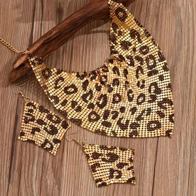 luckacco exaggerated leopard print triangle scarf shaped necklace diamond drop earrings for women fashion party 2pcs jewelry set