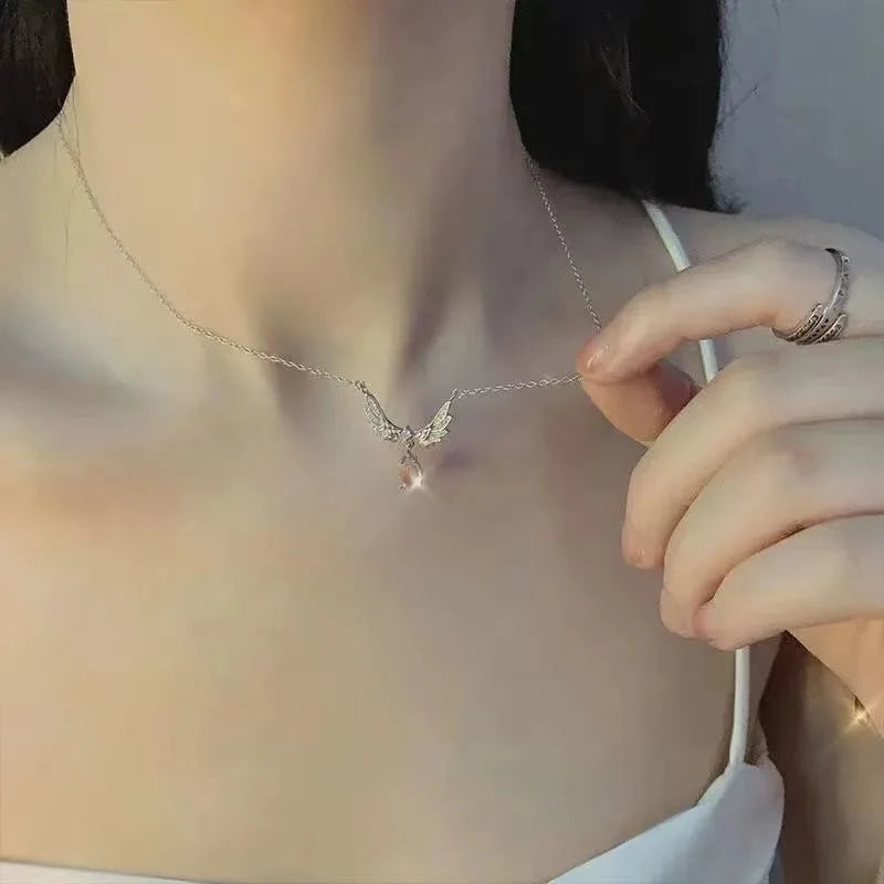 luckacco light luxury angel wings pendant necklace ladies fashion exquisite moonstone collarbone necklace delicate wedding jewelry