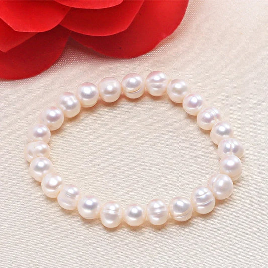 Luckacco HENGSHENG New Arrival White 8-9mm Baroque Natural Freshwater Pearl Strand Bracelet For Women,Fashion Bracelet Girl Birthday Gift