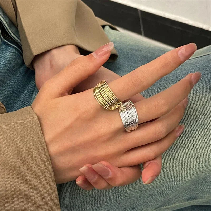 luckacco minimalist silver color multilayer lines rings for women modern fashion female finger-rings versatile jewelry bulk