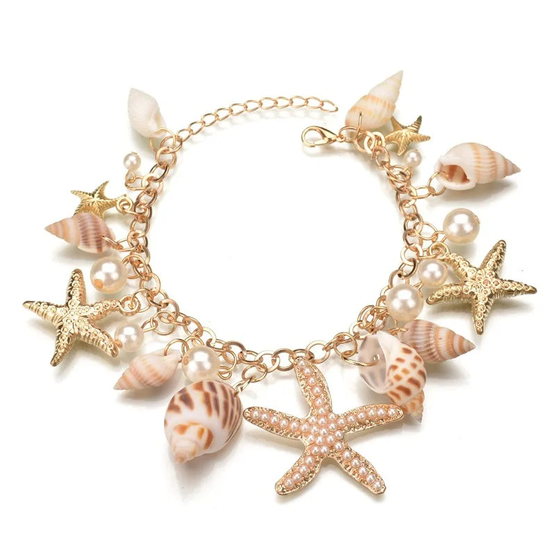 luckacco bohemian beach style bracelet for women starfish shell charm bangle girls summer fashion jewelry accessories