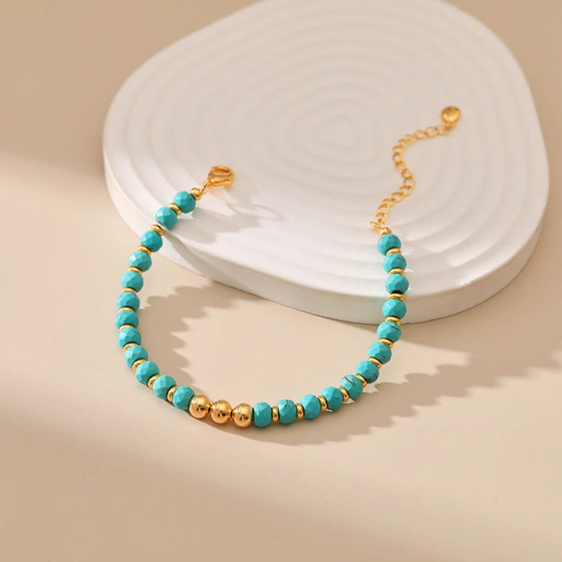 luckacco irregular cut turquoise beads handmade bracelet for women ethnic style adjustable size casual jewelry accessories lady gifts