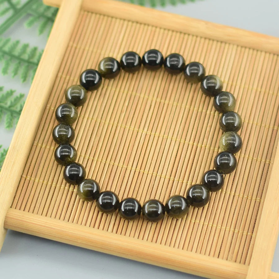 luckacco natural golden obsidian stone beads bracelet men women golden light rainbow obsidian tourmaline wealth money round jewelry gift