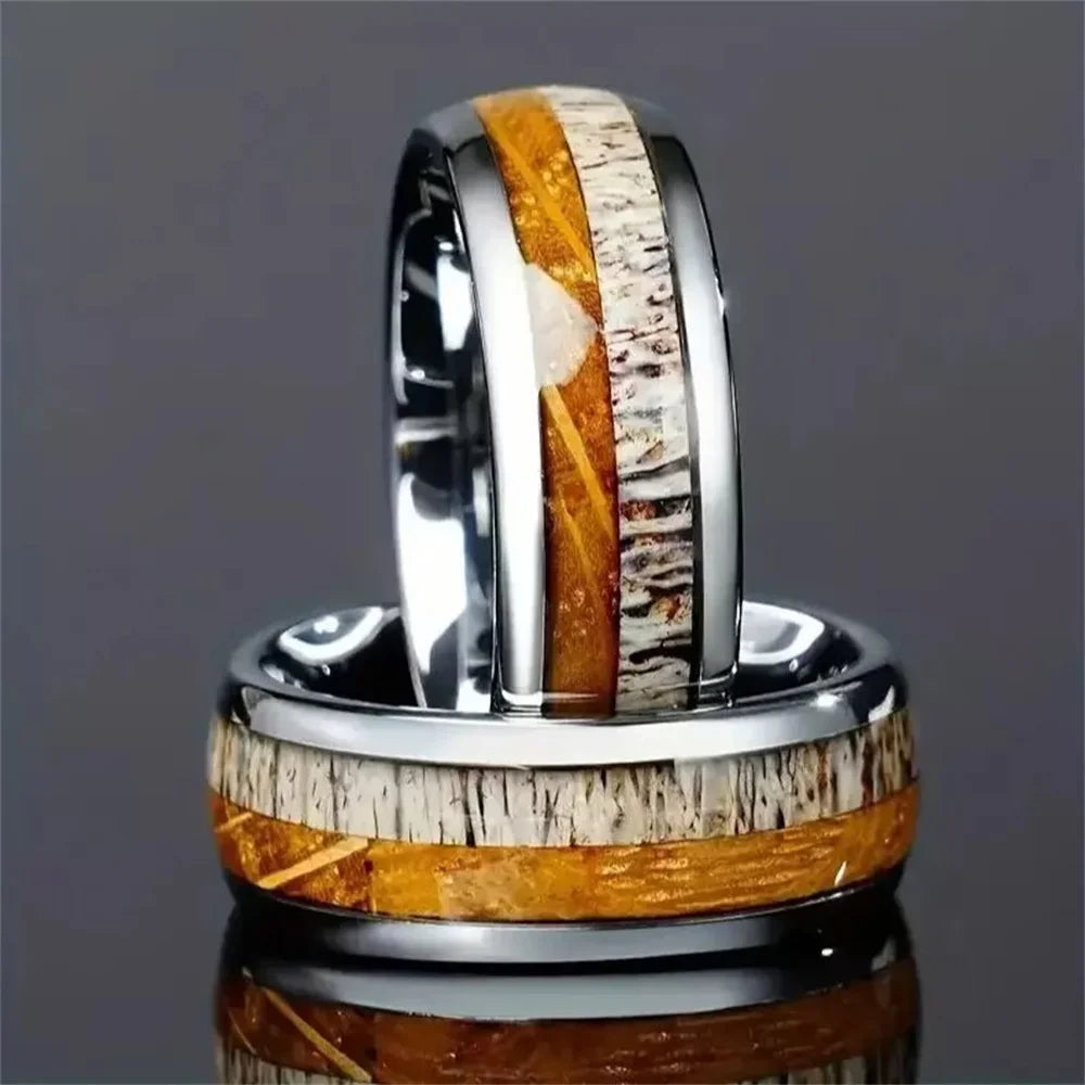 luckacco fashion 8mm men stainless steel rings silver color brushed deer antler and koa wood rings for men wedding band jewelry