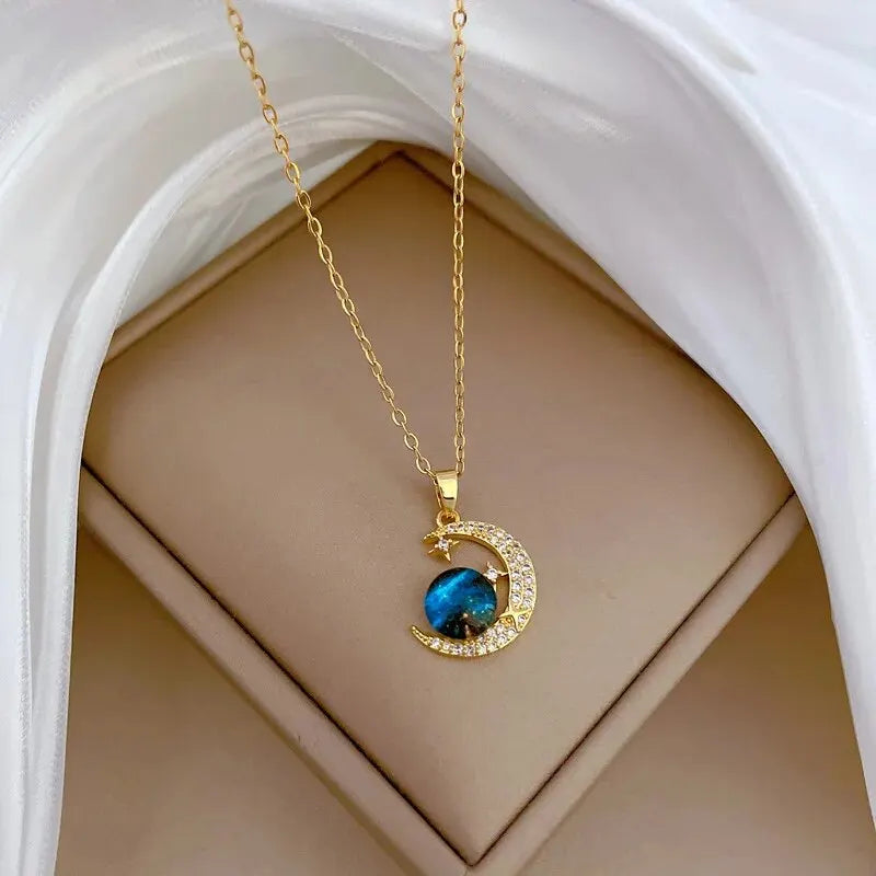luckacco light luxury titanium steel star series necklace for women gold color planet moon astronaut pendant necklaces jewelry gifts