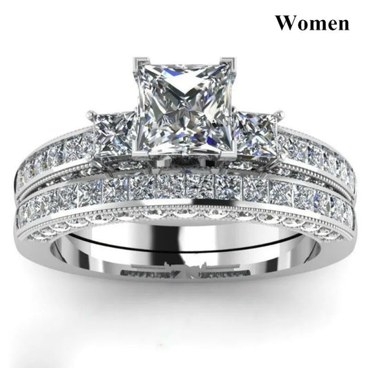 Luckacco Couple Rings Exquisite Women Rhinestones Zirconia Rings Set Simple Gold Color Men Stainless Steel CZ Stone Rings Wedding Jewelry