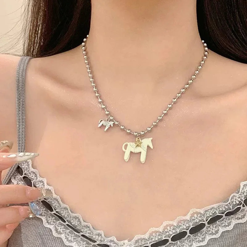 luckacco funny silver color copper beads horse pendant necklace black choker necklace pink white enamel pendant necklace for women