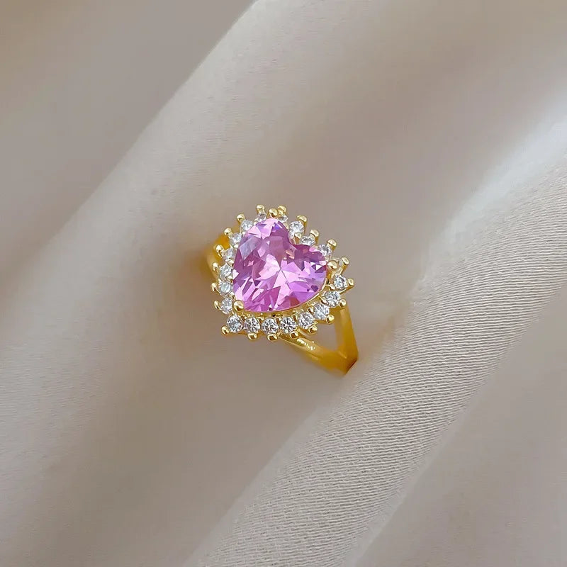 luckacco high quality pink heart crystal adjustable rings for women charm gold color stainless steel wedding bride jewelry gift colorfast