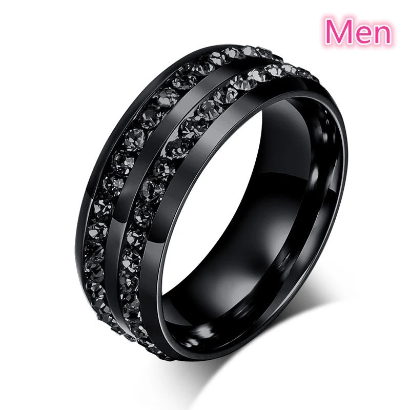 luckacco fashion couple rings romantic white rhinestones cz women rings set simpe men's stainless steel rings for couple wedding jewelry