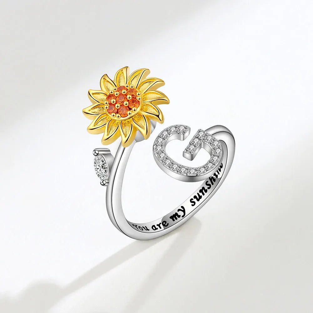 luckacco rotating sunflower initial letter rings for women anti anxiety spinner you are my sunshine stainless steel ring birthday jewelry