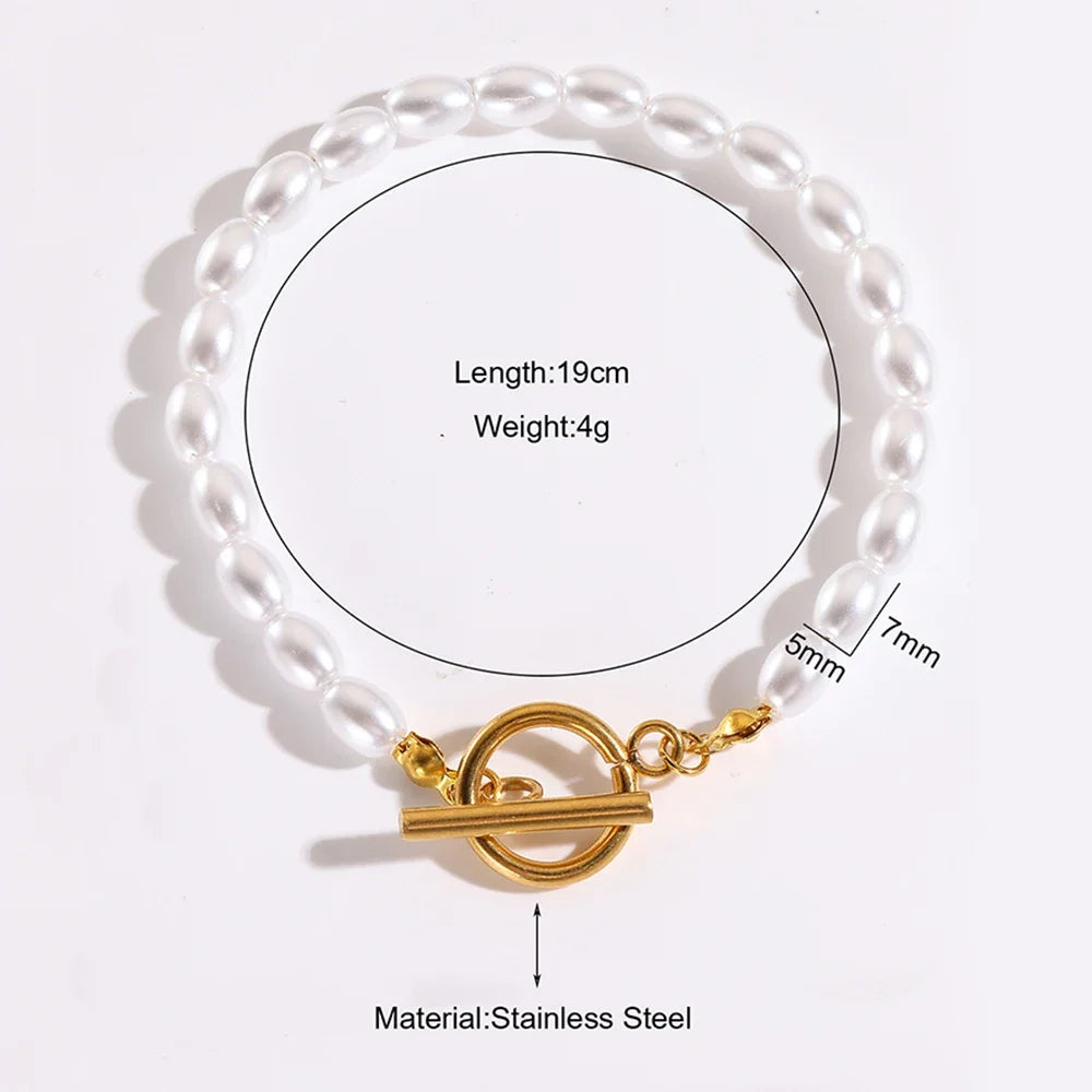 luckacco imitation pearl ot clasp bracelet for women gold color bread bangle silver color chain new in designer fashion jewelry