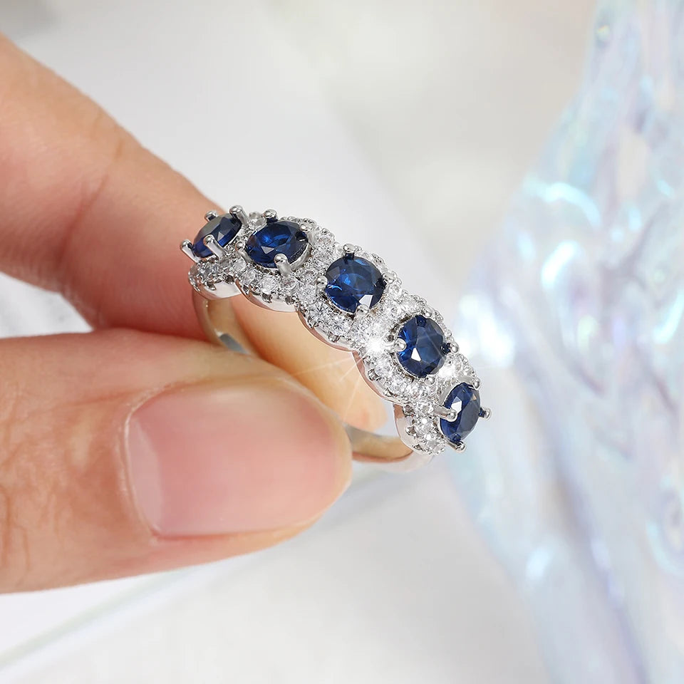 luckacco picksclassic blue cubic zirconia round copper rings for women girls silver color metal crystal fingers accessories jewelry gifts