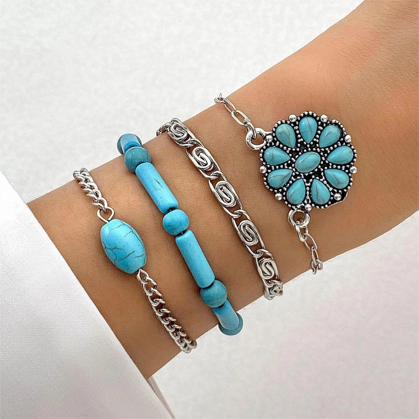 luckacco kmvexo 5pcs/set vintage bohemian turquoise inlaid bracelets women ethnic style flower feather cuff bracelet bangles boho jewelry