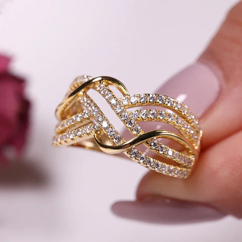 luckacco new multi cross design gold color women rings for wedding luxury paved cz exquisite female accessories fashion modern jewelry