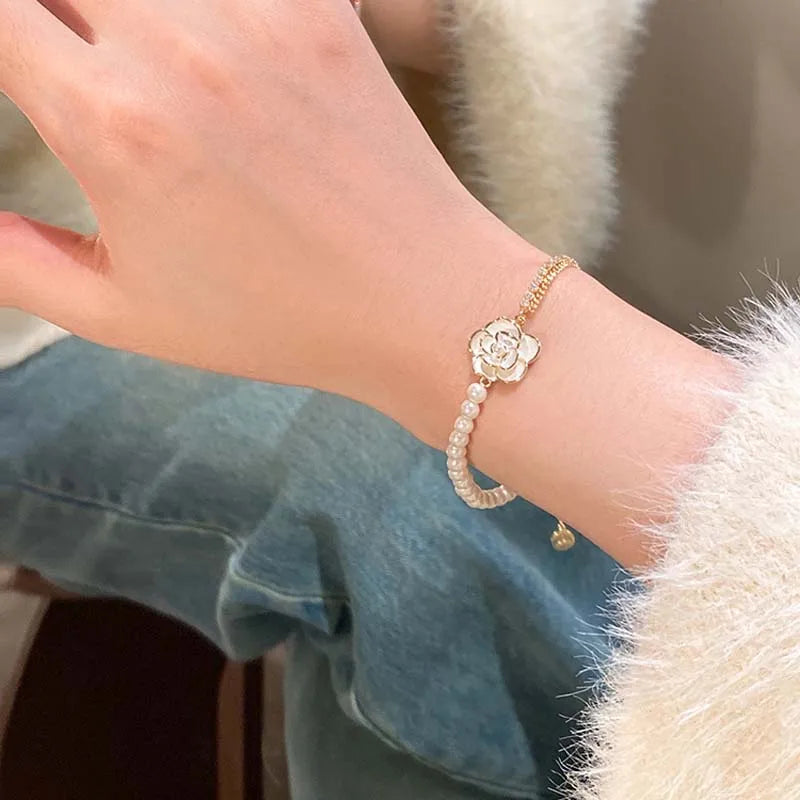 luckacco vintage white camellia flower bracelets for women elegant double layer simulated pearl beads chain bracelet jewelry 2025 trend
