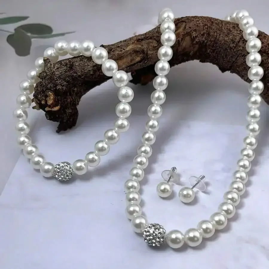 luckacco 3 pcs set imitation pearl fireball necklace bracelet earring stud jewelry set silver color crystal stone elegant bridal jewelry
