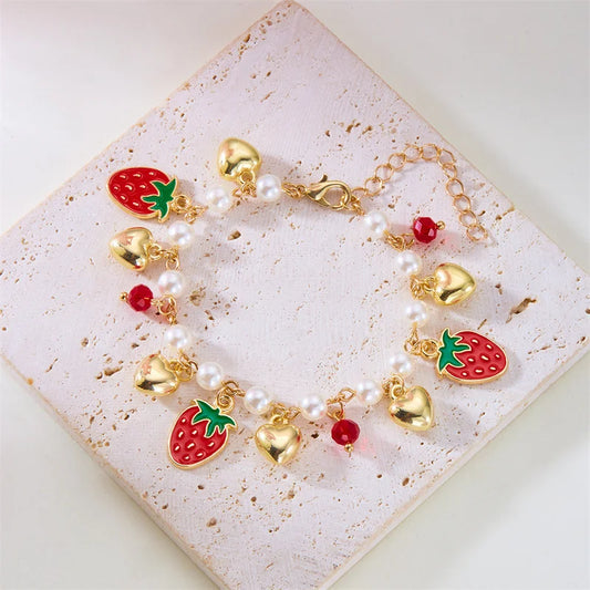 Luckacco Sweet Cute Red Strawberry Cherry Heart Pearl Charm Bracelet New Fashion Y2K Fruit Gold Color Chain Jewelry Party Gifts 2025