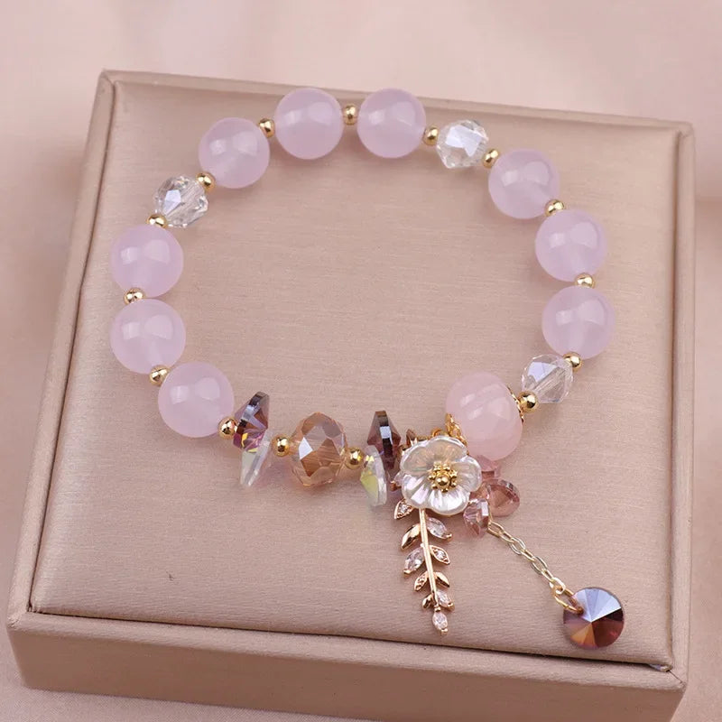 luckacco fashionable natural stone crystal bracelets women's light luxury leaf flower pendant beaded bracelet girlfriend party jewelry