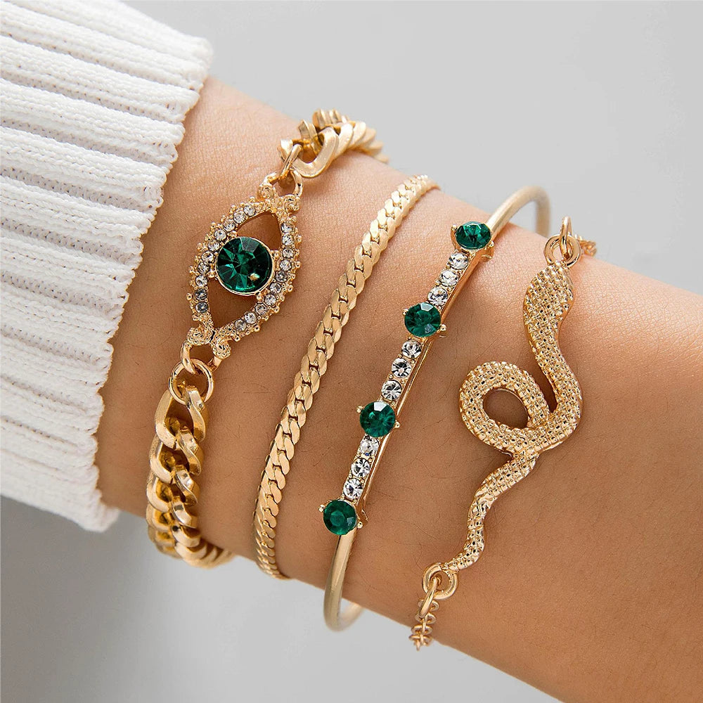 luckacco 4pcs/set fashionable snake imitation gemstone bangle rhinestone full metal bracelet set for women's jewelry birthday party gifts