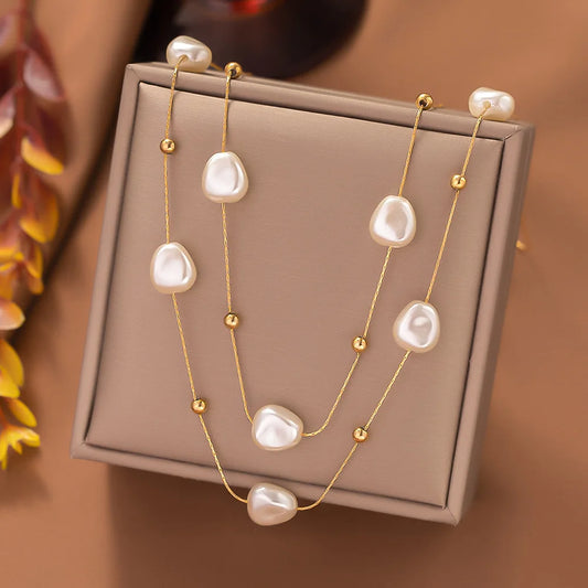 Luckacco 316L Stainless Steel 2in1 Large Pearl Pendant Necklace For Women New Trend Girls Neck Jewelry Chain Party Wedding Gift