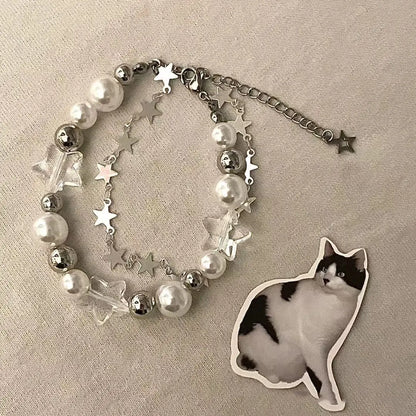 Luckacco Harajuku Pentagram Pearl Beaded Bracelets for Women 2023 Korean Aesthetic Cute Star Blue Glass Ball Bracelets Y2k Jewelry Gifts