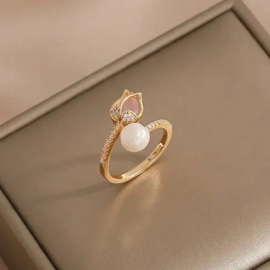 Luckacco Korean Trend Tulip Flower Imitation Pearl Rings for Women Elegant Simple Adjustable Opening Finger Ring Party Wedding Jewelry
