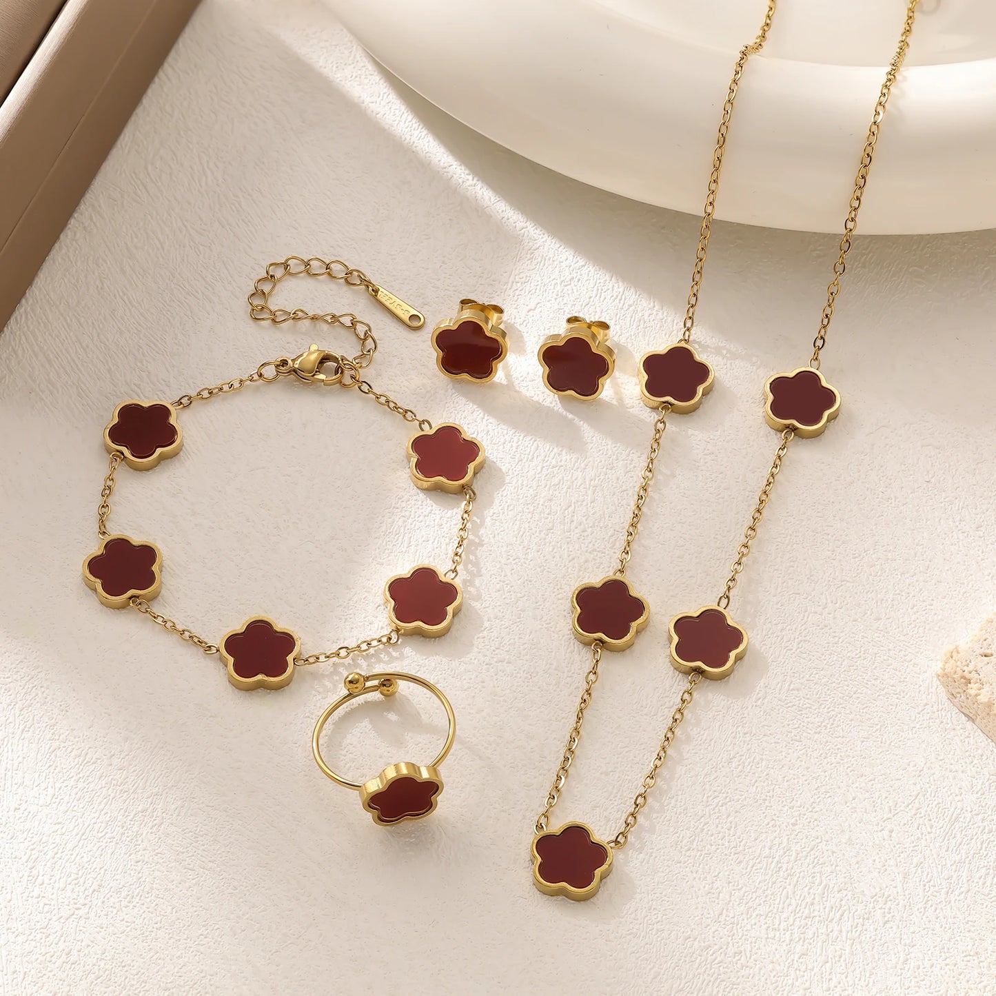 luckacco stainless steel five leaf clover flower women's necklace, high-end women's bracelet, earring, ring set for women