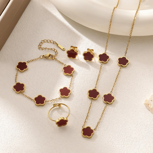 Luckacco Stainless steel five leaf clover flower women's necklace, high-end women's bracelet, earring, ring set for women