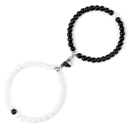Luckacco 2Pcs/Set Sliver Black Color Magnet Pendant Bracelets 6MM 8MM White Porcelain Black Line Beads Couple Bracelet Jewelry Gift New