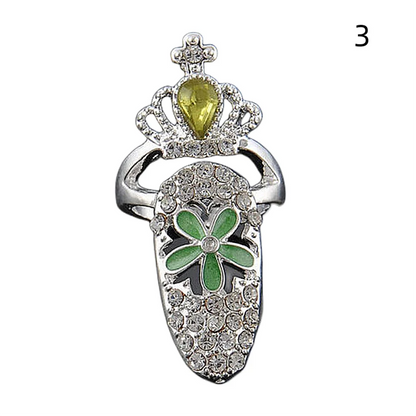 Luckacco Fashion Rhinestone Crown Flower Nail Ring Adjustable Opening Gold Plated Manicure Joint Ring for Women Party Jewelry