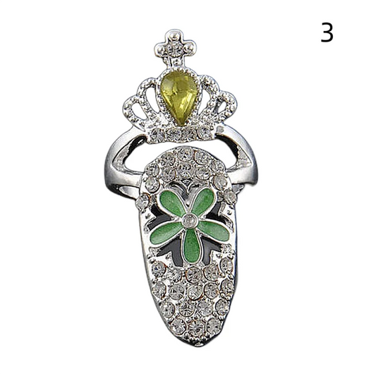 Luckacco Fashion Rhinestone Crown Flower Nail Ring Adjustable Opening Gold Plated Manicure Joint Ring for Women Party Jewelry