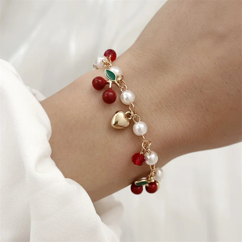 luckacco sweet cute red strawberry cherry heart pearl charm bracelet new fashion y2k fruit gold color chain jewelry party gifts 2025
