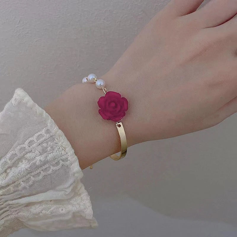 luckacco romantic adjustable red rose link chain bracelet fashion valentine gift for lover women's hand bracelets bride jewelry accessori