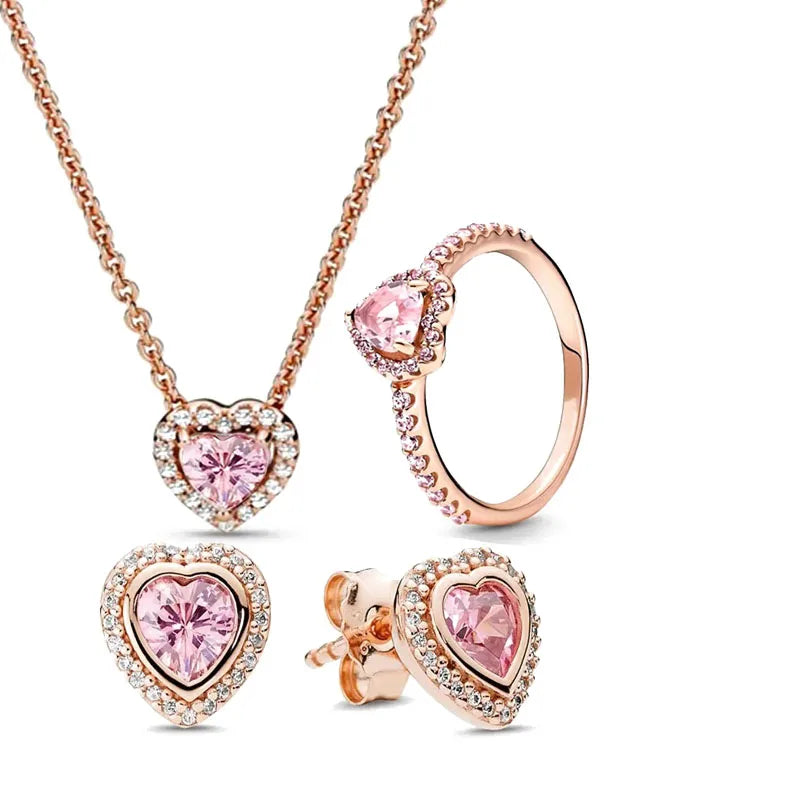 luckacco new 925 sterling silver heart-shaped pink ring necklace earring set luxurious sparkling charm jewelry fashion wedding gift