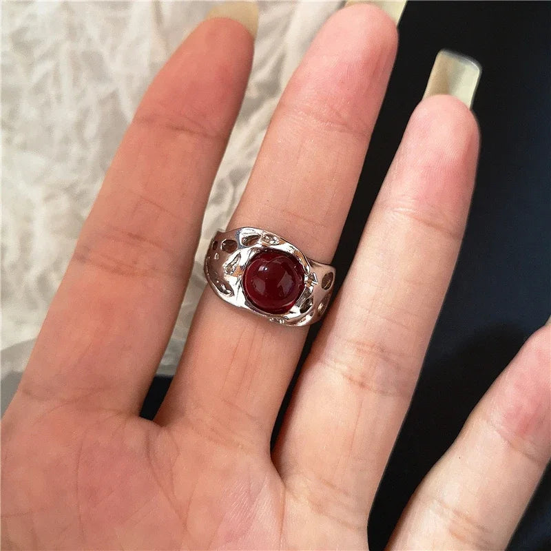 luckacco goth punk retro red crystal love heart cross geometry irregular open ring set y2k halloween accessories for women kpop jewelry