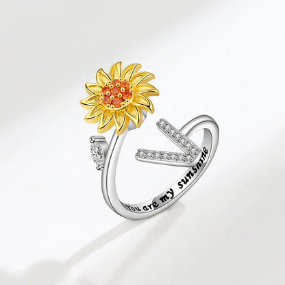 Luckacco Rotating Sunflower Initial Letter Rings For Women Anti Anxiety Spinner You Are My Sunshine Stainless Steel Ring Birthday Jewelry