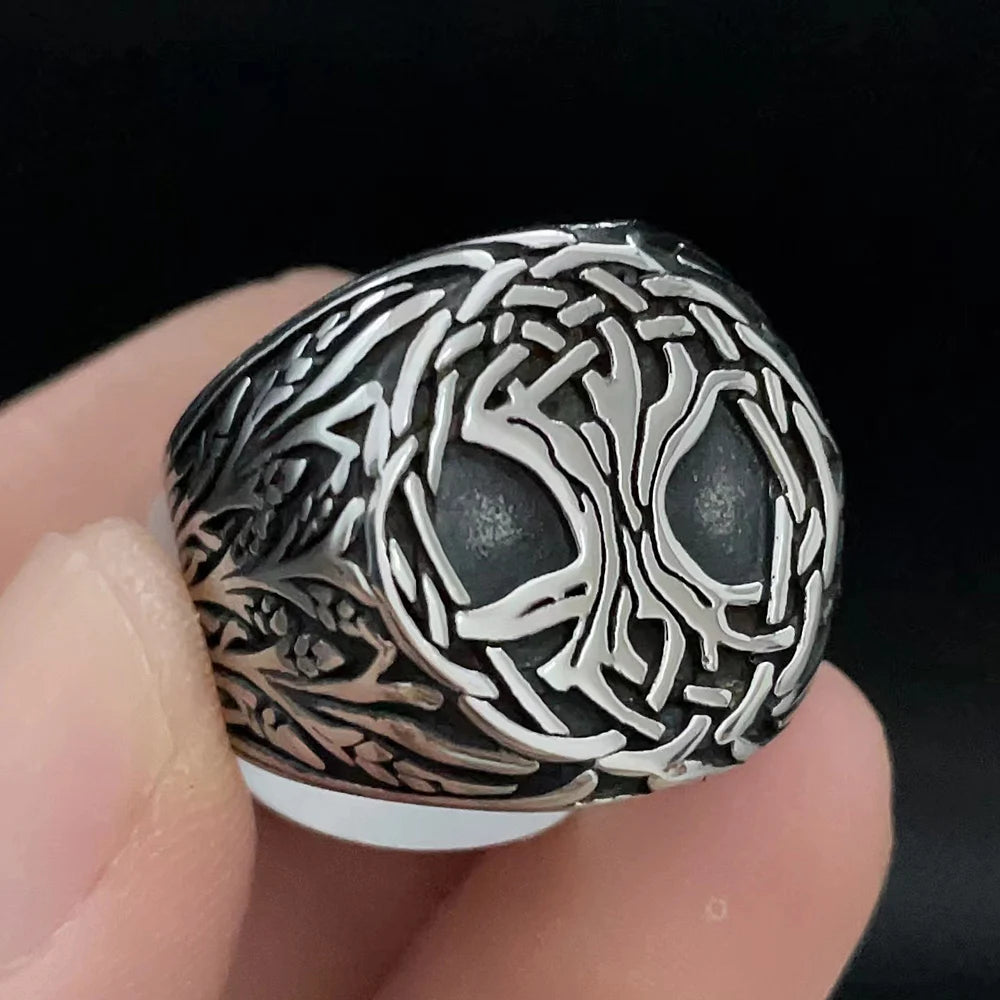 luckacco vintage nordic viking ring stainless steel men ethnic belief odin compass valknut tree of life ring amulet jewelry
