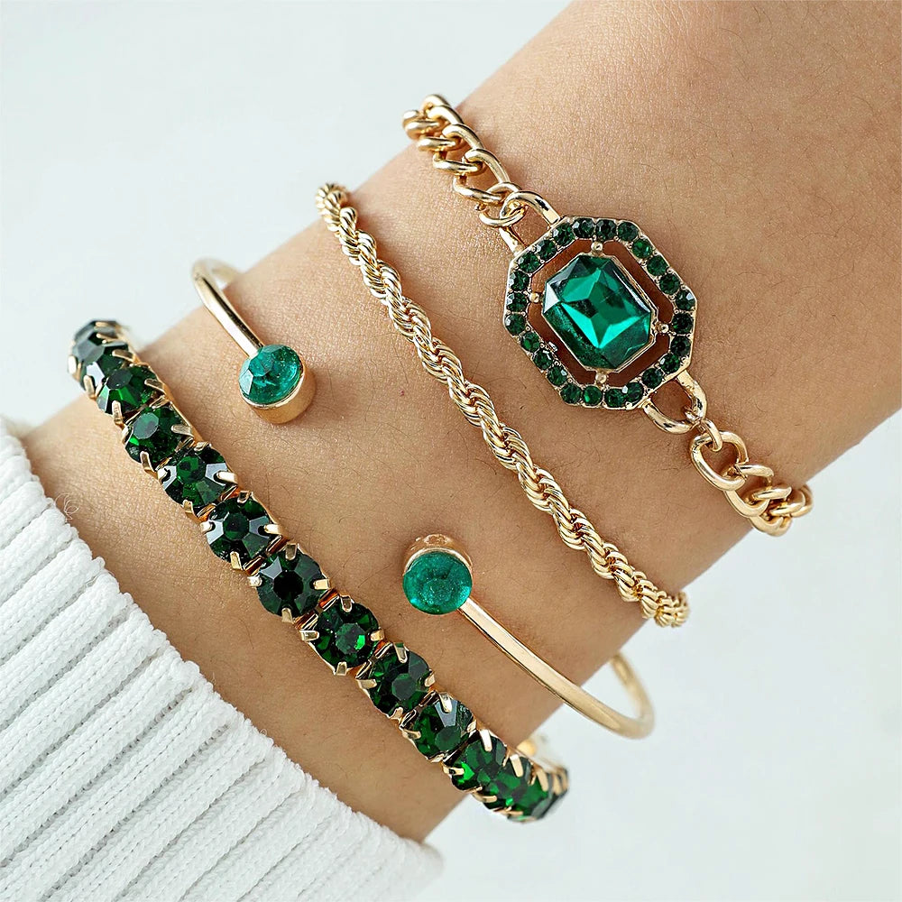 luckacco 4pcs/set fashionable snake imitation gemstone bangle rhinestone full metal bracelet set for women's jewelry birthday party gifts