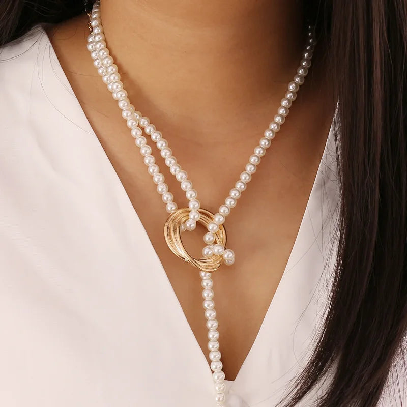 luckacco vintage pearl pendant necklace for women elegant beaded long tassel sweater collar chain accessories temperament fashion jewelry