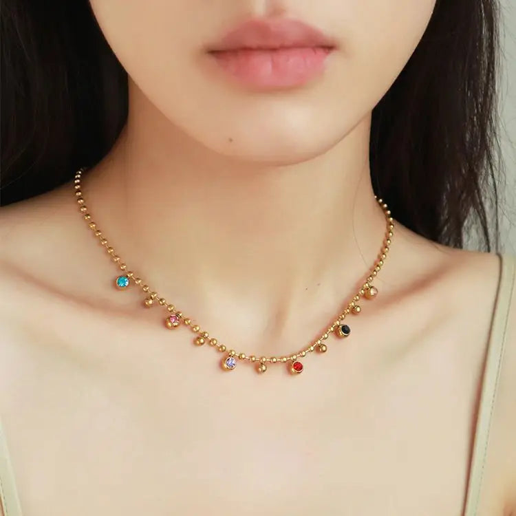 luckacco 316l stainless steel multicolor crystal zircon necklace for women fashion lady ball chain wedding party jewelry gifts