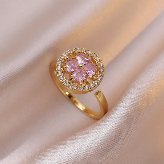 Luckacco Luxury Zircon Four-leaf Clover Rotating Ring Lucky Transfer Jewelry Gift for Children Tik Tok Same Style for Women for Friends