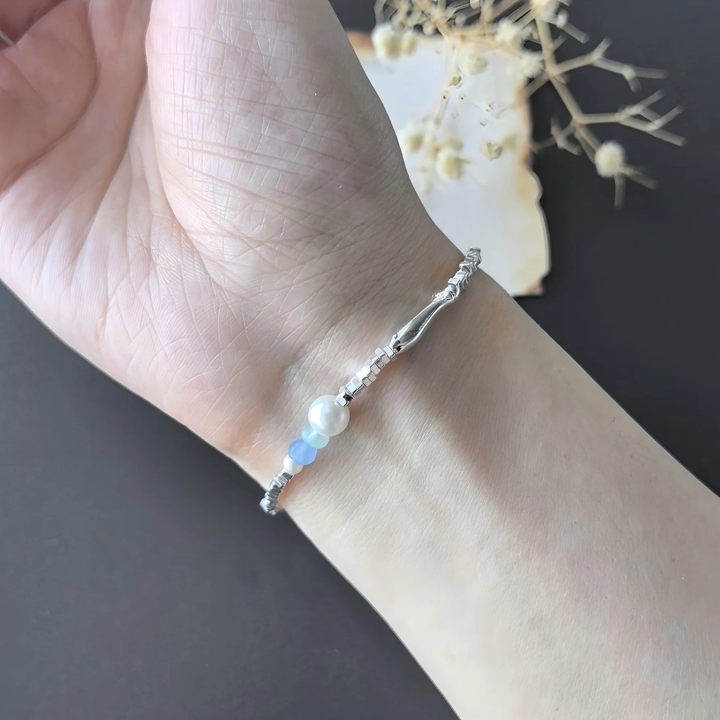 luckacco ventfille 925 sterling silver 6mm shell pearl glass bead star bracelet for women gift crushed silver jewelry