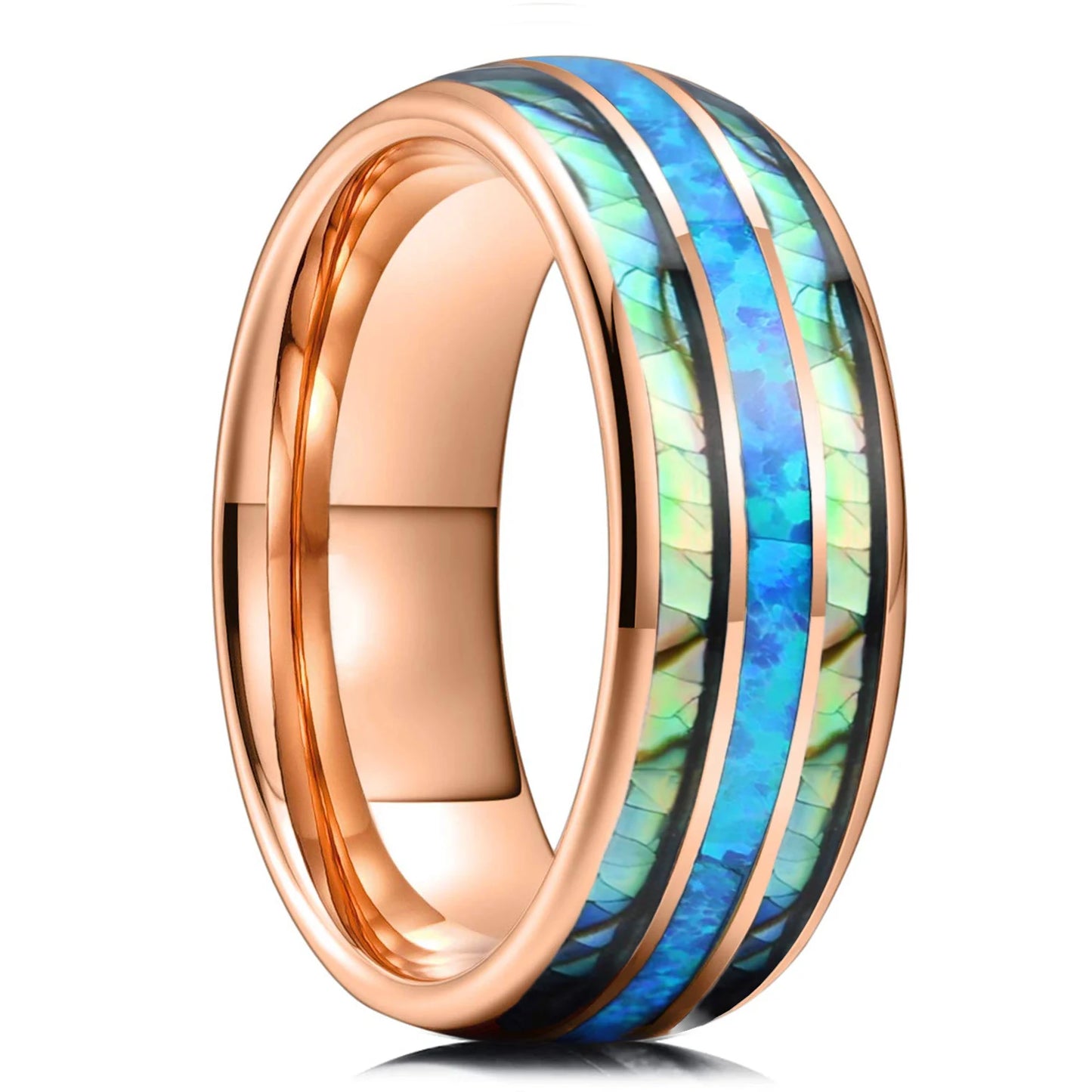 luckacco fashion 8mm men stainless steel rings inlay meteorite abalone shell rings for men women wedding engagement band jewelry gift