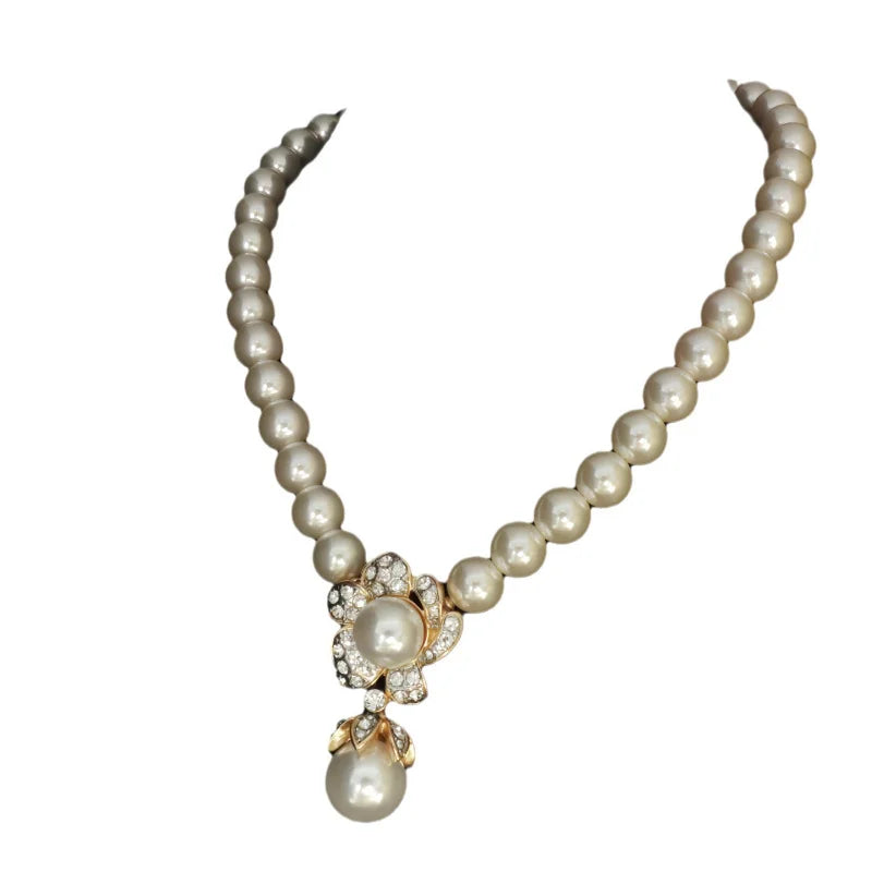 luckacco fashionable retro style atmospheric inlaid zircon flower pendant pearl short banquet party necklace elegant and